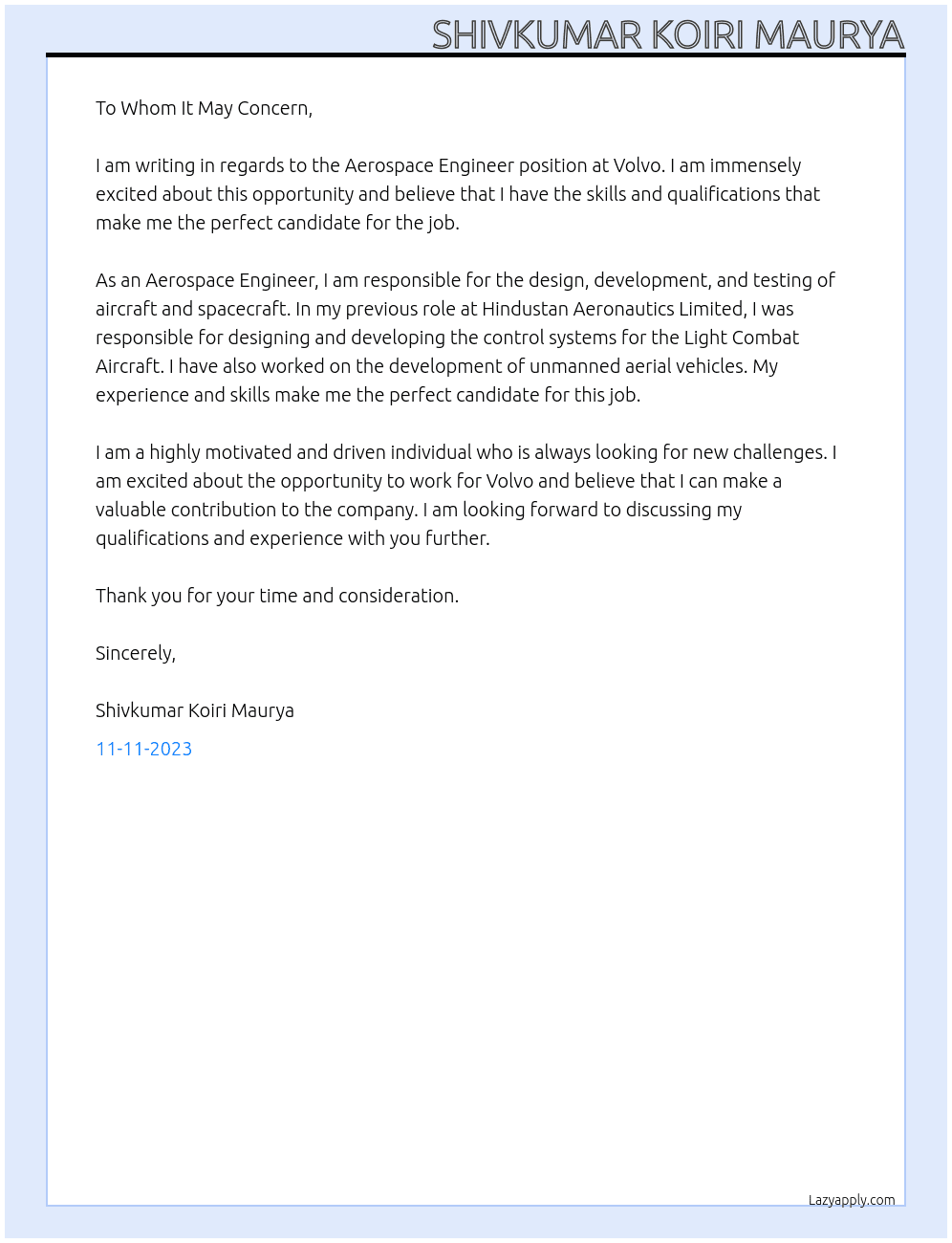 Aerospace engineer At Volvo Cover Letter