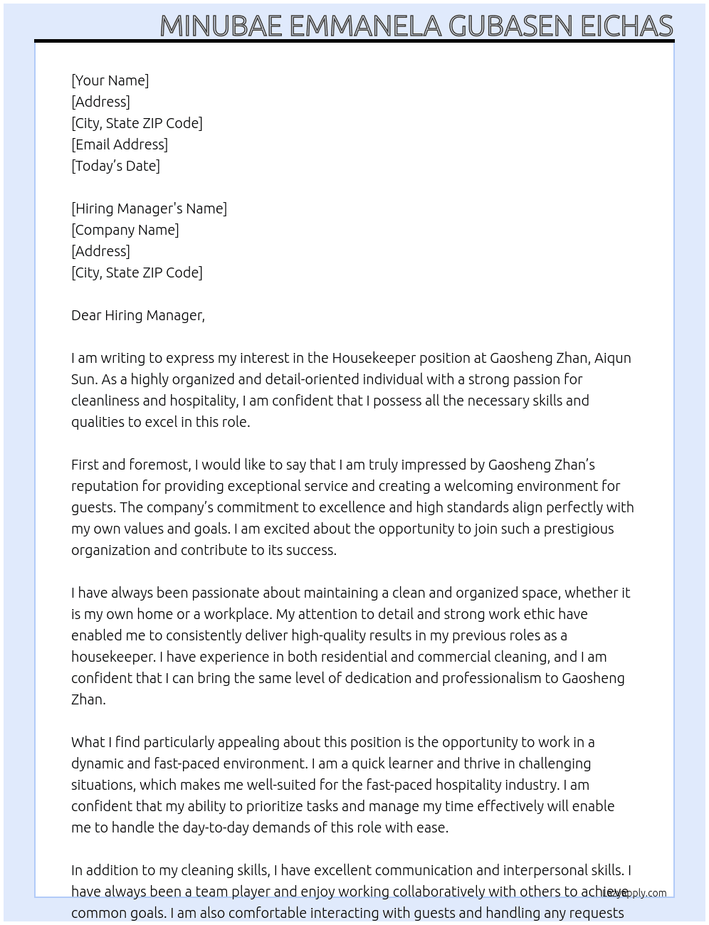 housekeeper At Gaosheng Zhan, Aiqun Sun Cover Letter