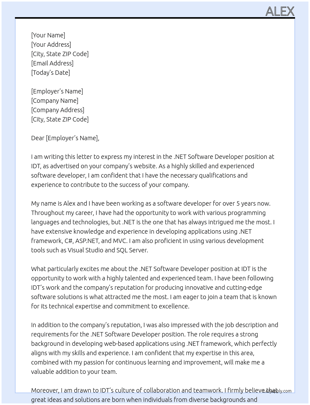 .net software developer At IDT Cover Letter
