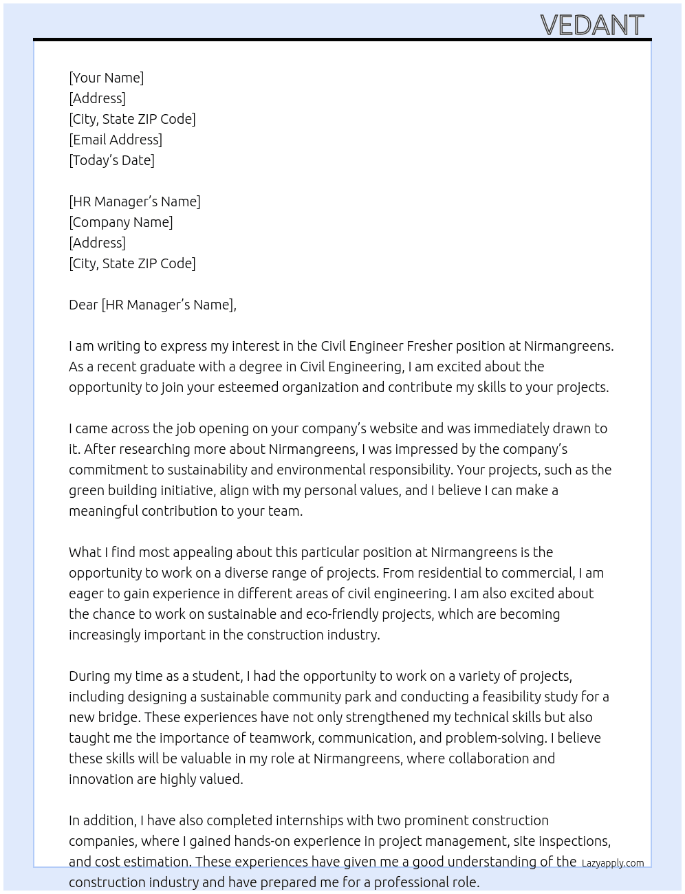 Civil engineer fresher At nirmangreens  Cover Letter