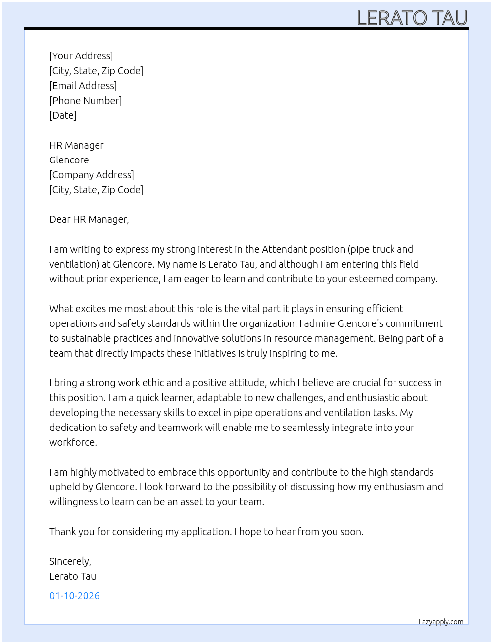 Attendant (pipe truck and ventilation) At Glencore Cover Letter