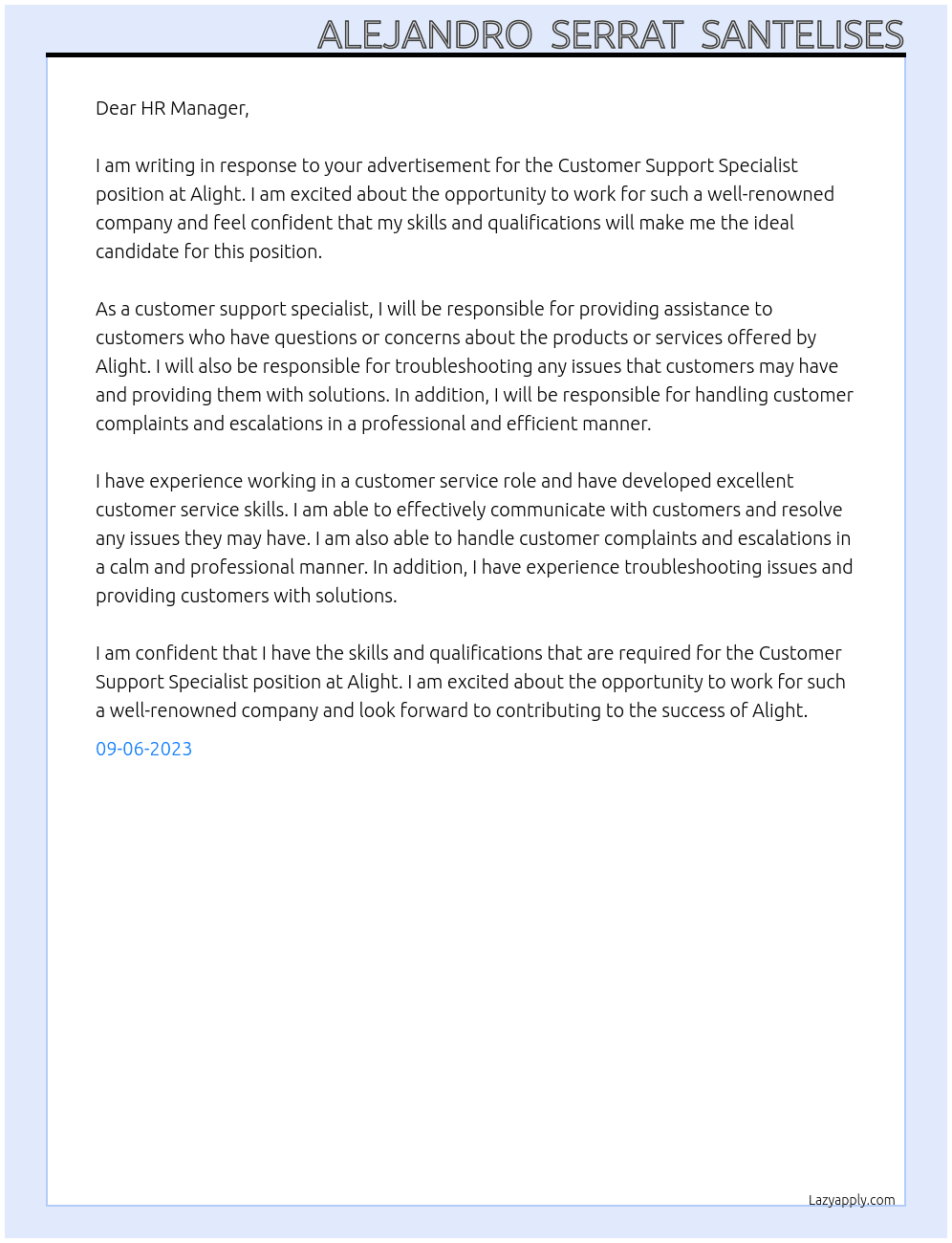 Customer Support Specialist At Alight Cover Letter
