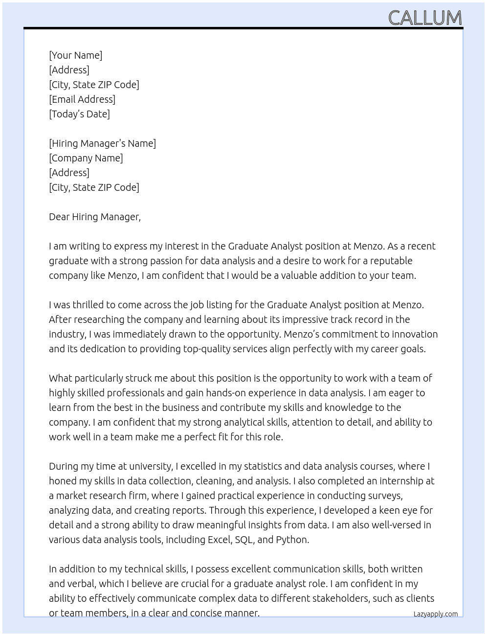 Graduate analyst At menzo Cover Letter