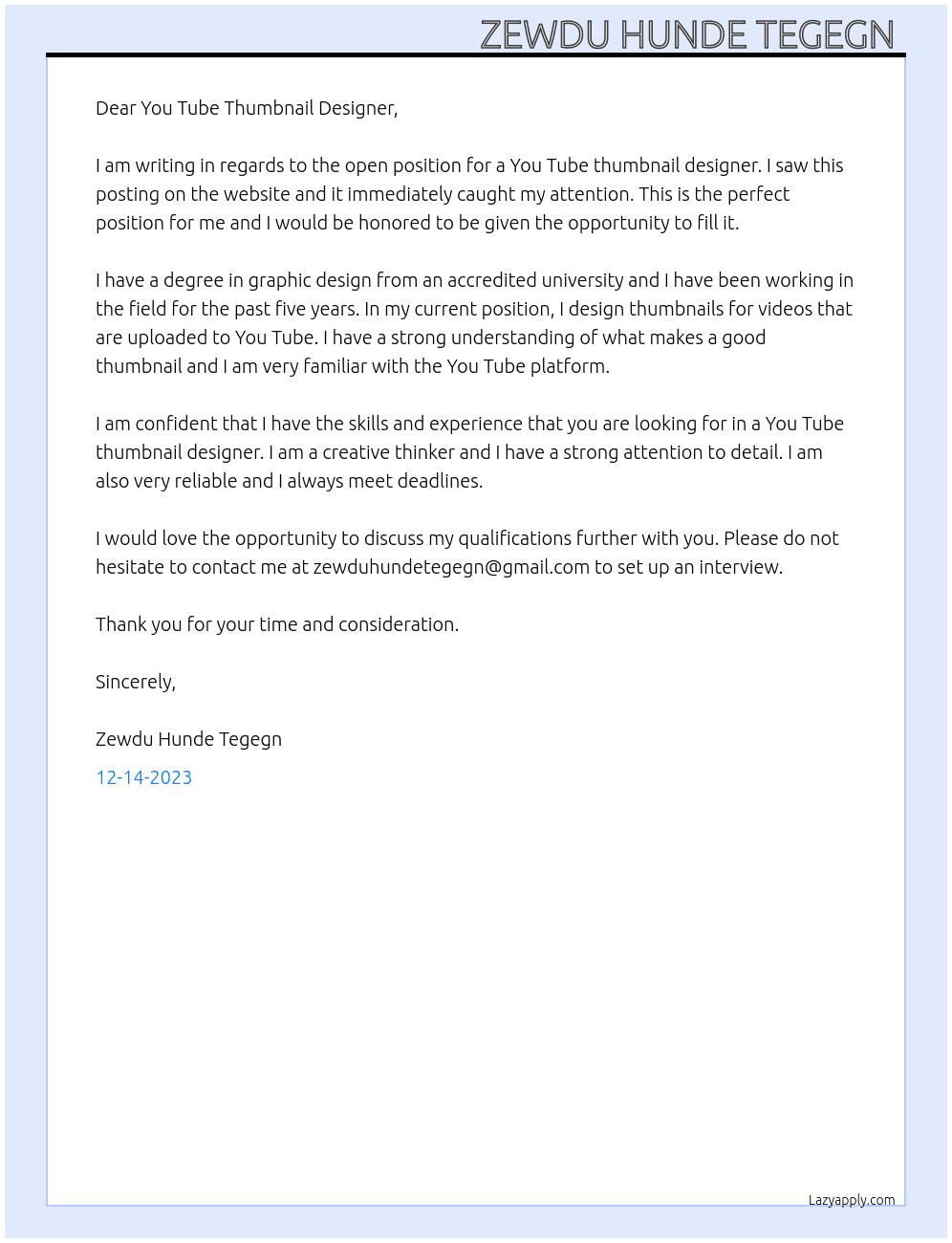 You tube thumbnail designer  At You tub thumbnail  Cover Letter