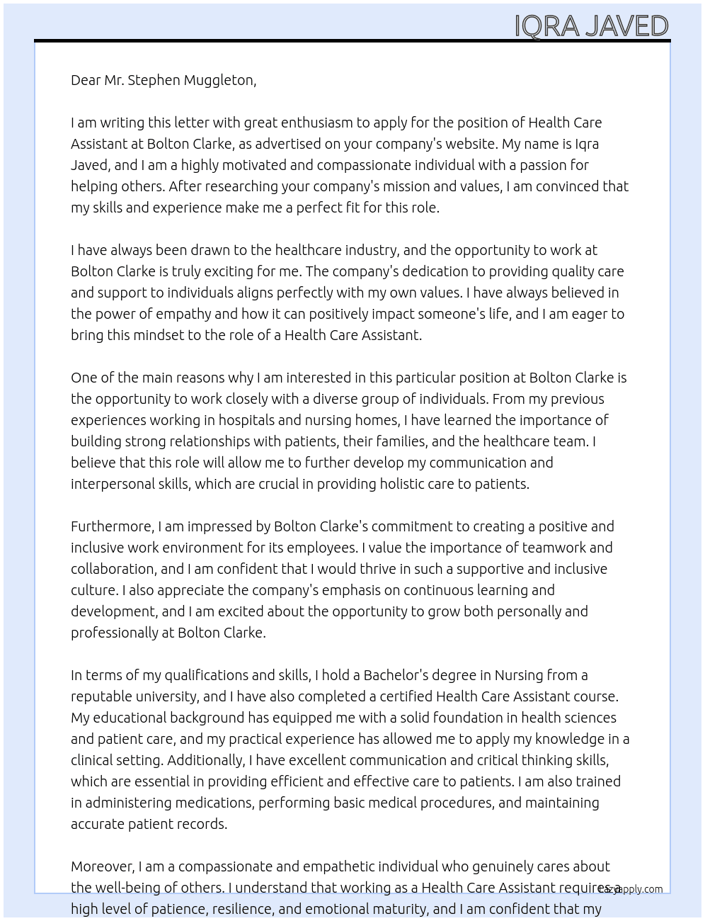 Health care assistant  At Bolton Clarke  Cover Letter