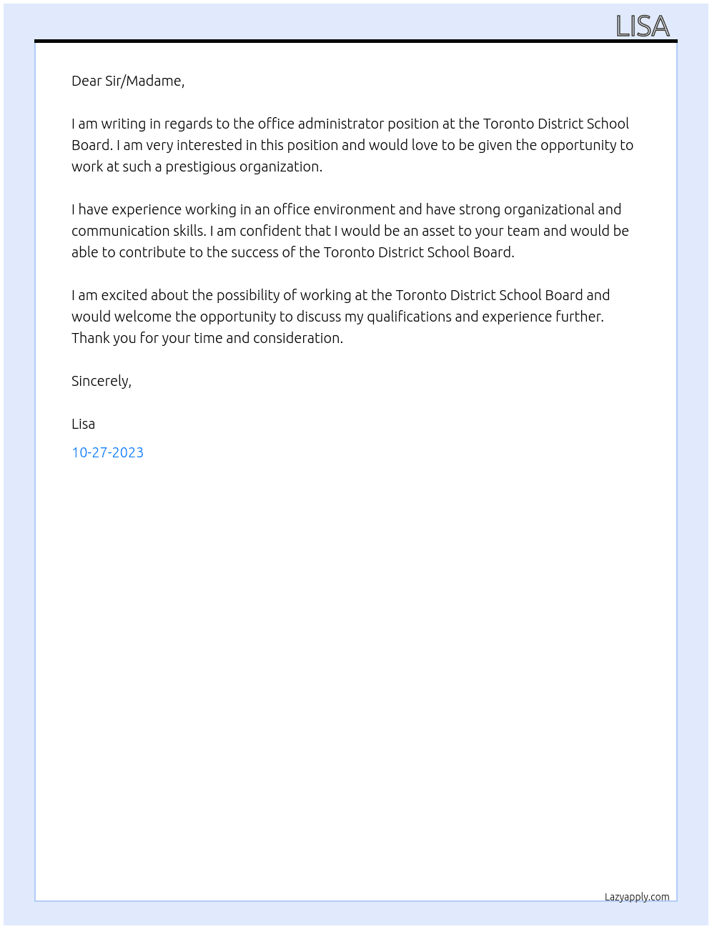 office administrator At Toronto District School Board Cover Letter