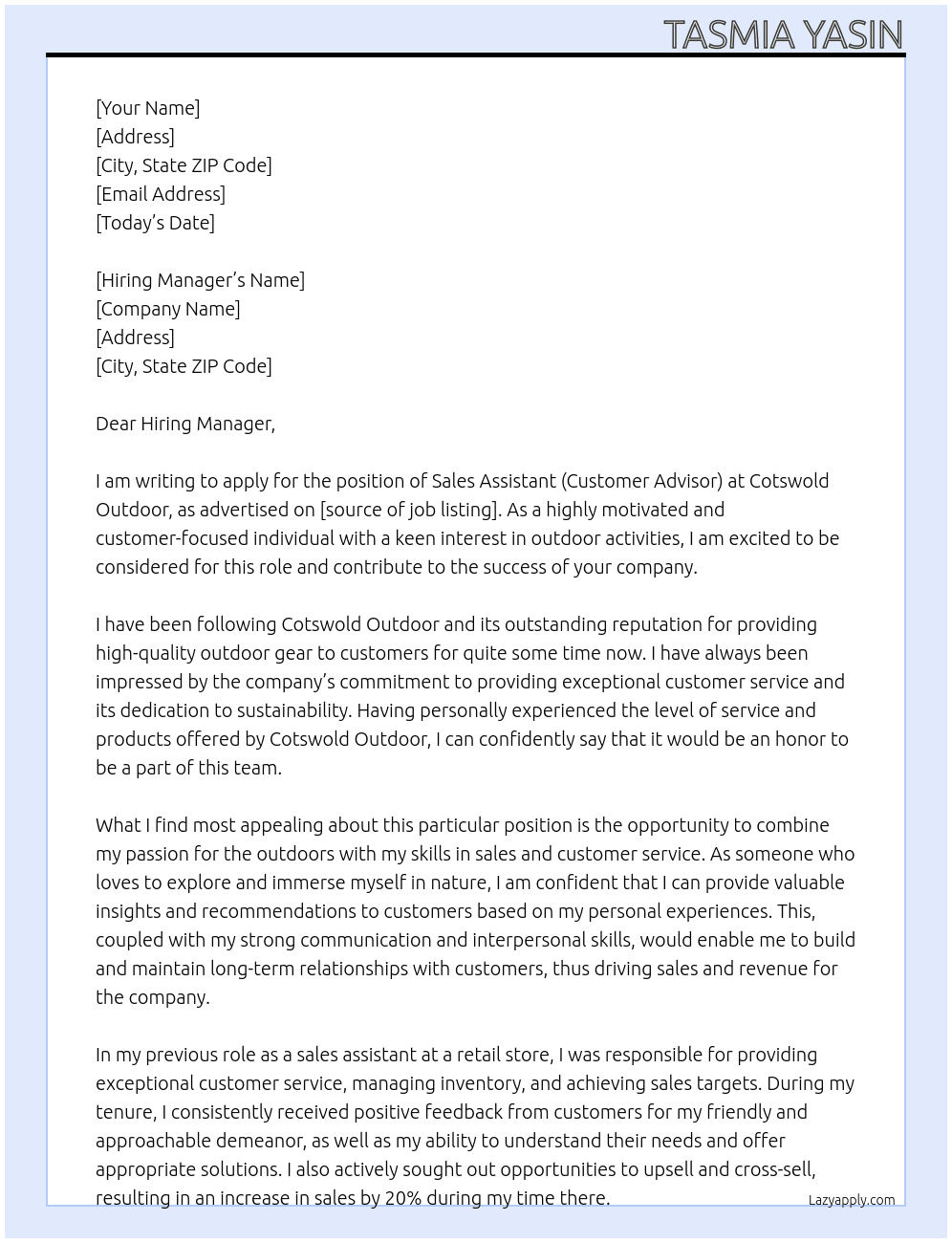 Sales assistant (customer advisor) At Cotswold outdoor Cover Letter