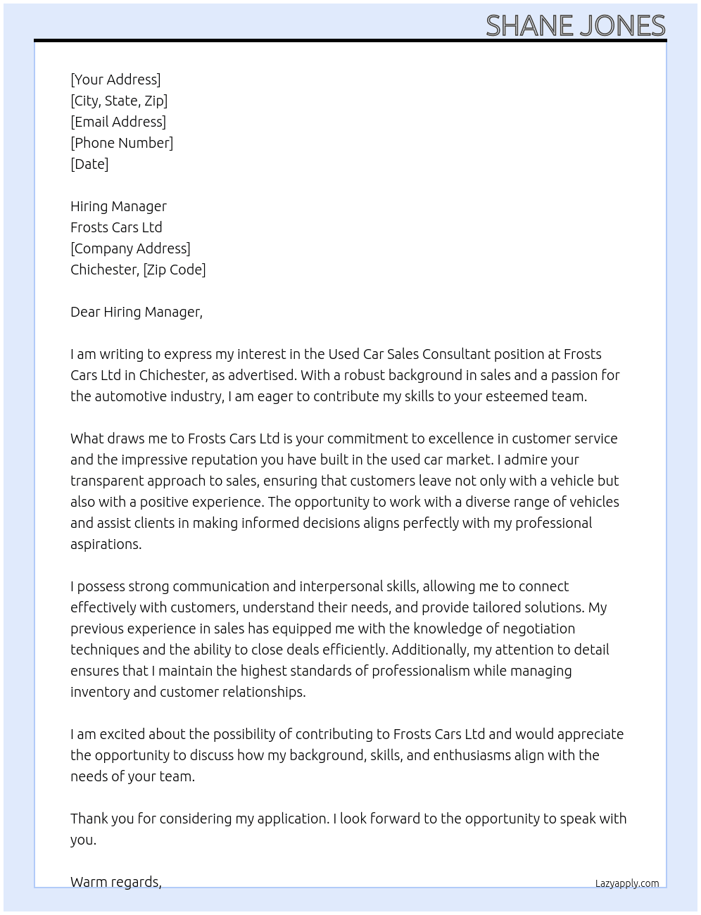 Used Car Sales Consultant At Frosts Cars Ltd - CHICHESTER Cover Letter