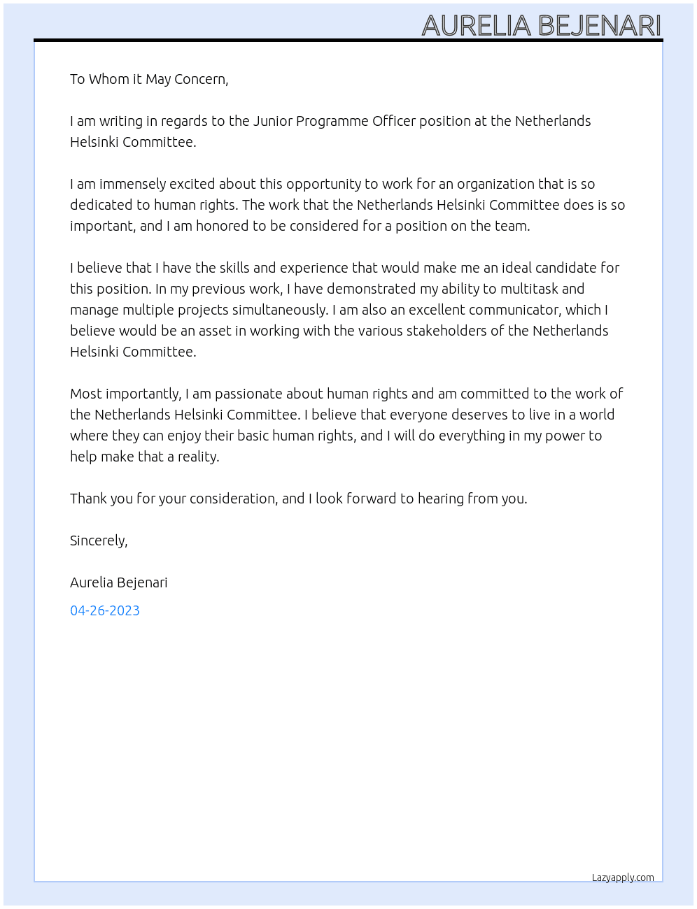 Junior Programme Officer At Netherlands Helsinki Committee Cover Letter