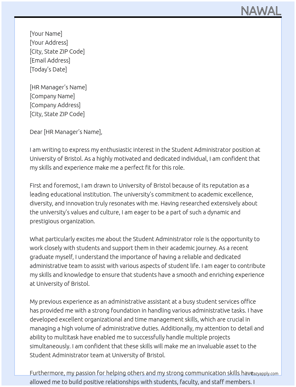 Student Administrator At University of Bristol Cover Letter