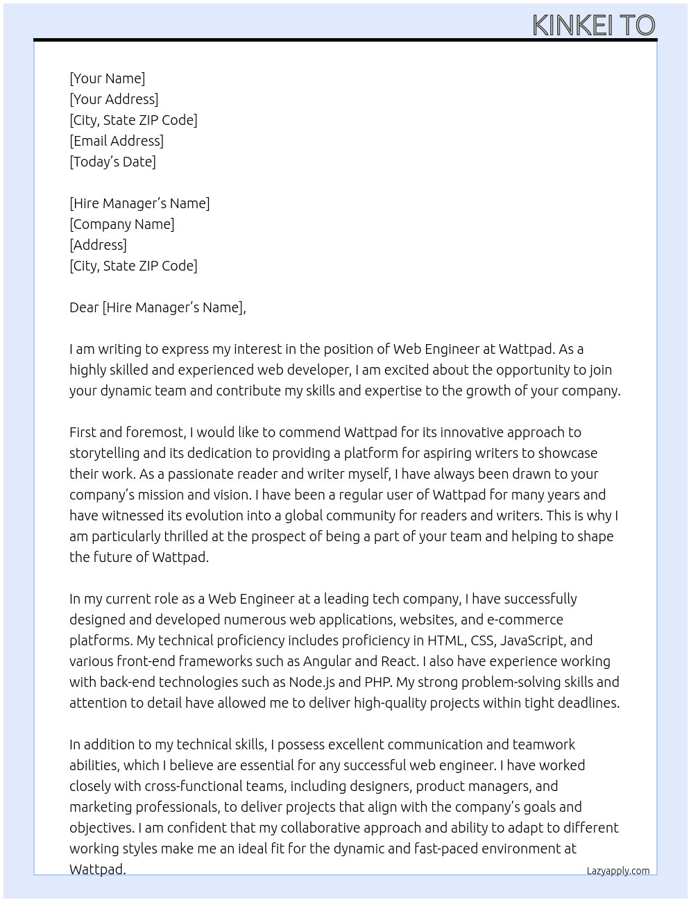 Web Engineer At Wattpad  Cover Letter