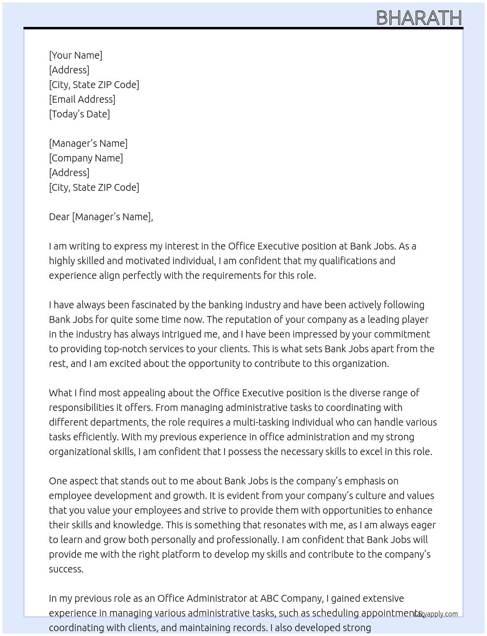 office executive At bank jobs Cover Letter