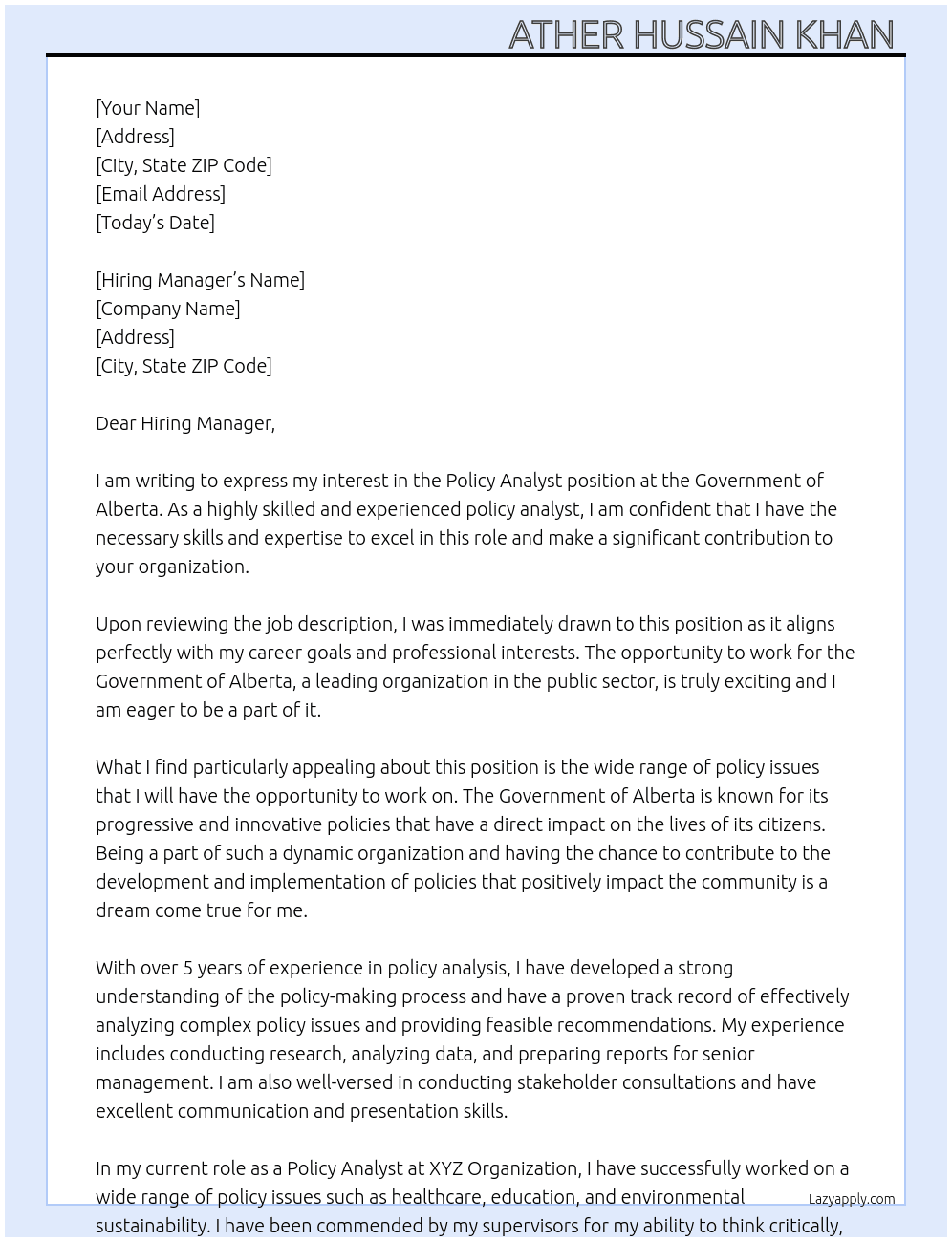 Policy Analyst At Government of Alberta  Cover Letter