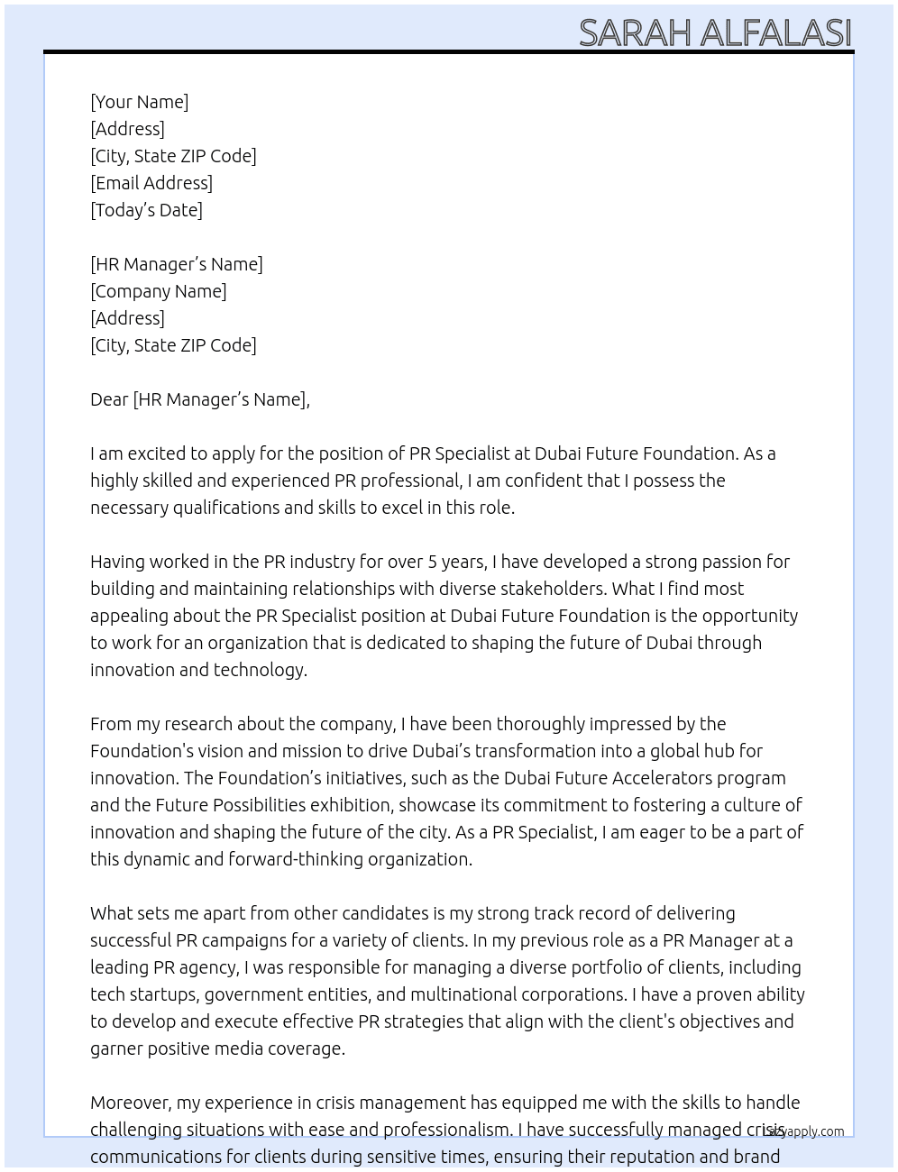 PR Specialist At Dubai Future foundation  Cover Letter