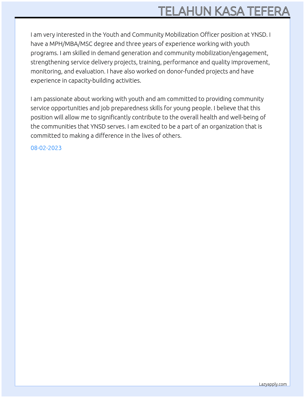 Youth and Community Mobilization Officer  At YSND  Cover Letter