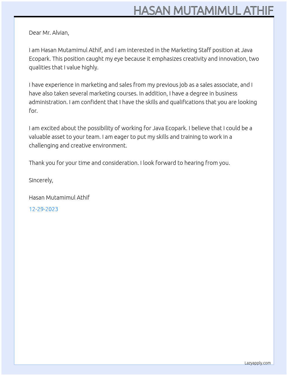 Marketing Staff At Java Ecopark Cover Letter