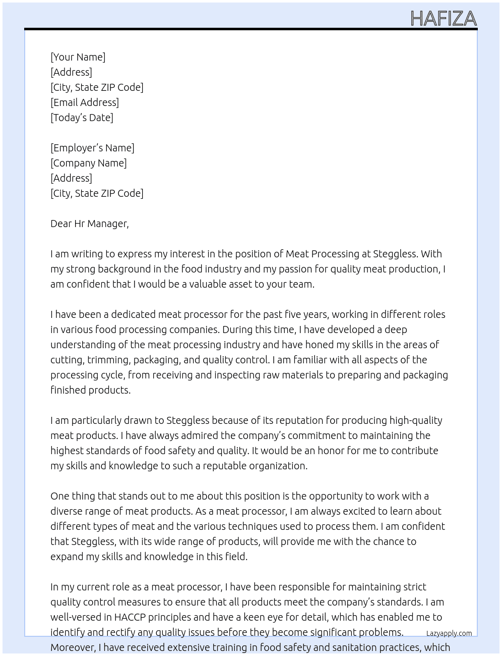 meat processing At Steggless Cover Letter