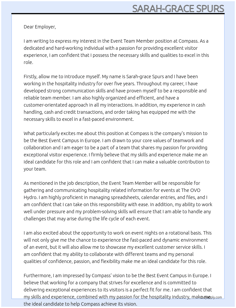 Event Team Member At Compass Cover Letter