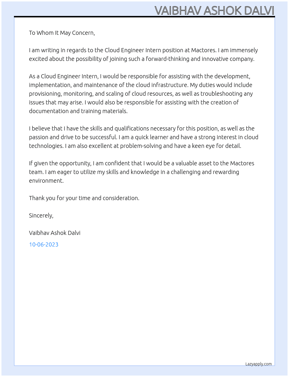 Cloud Engineer Intern At Mactores Cover Letter
