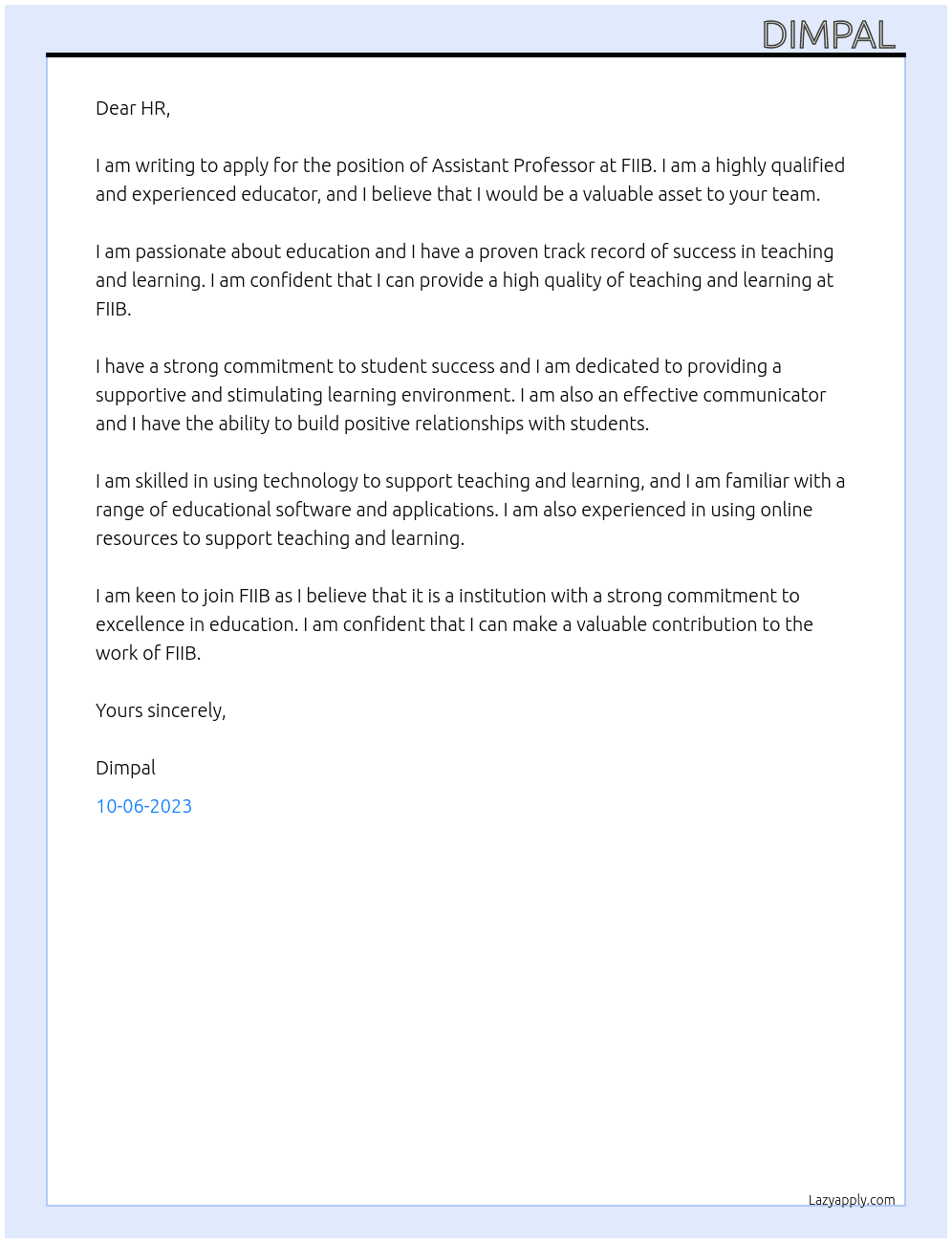 Assistant professor  At FIIB Cover Letter