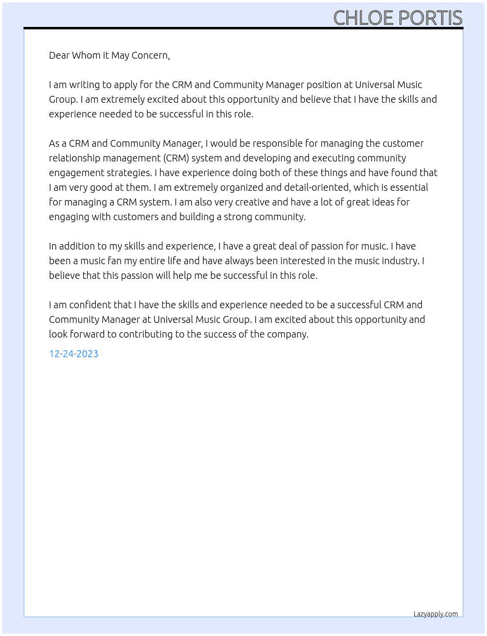 CRM and Community Manager At Universal Music Group Cover Letter