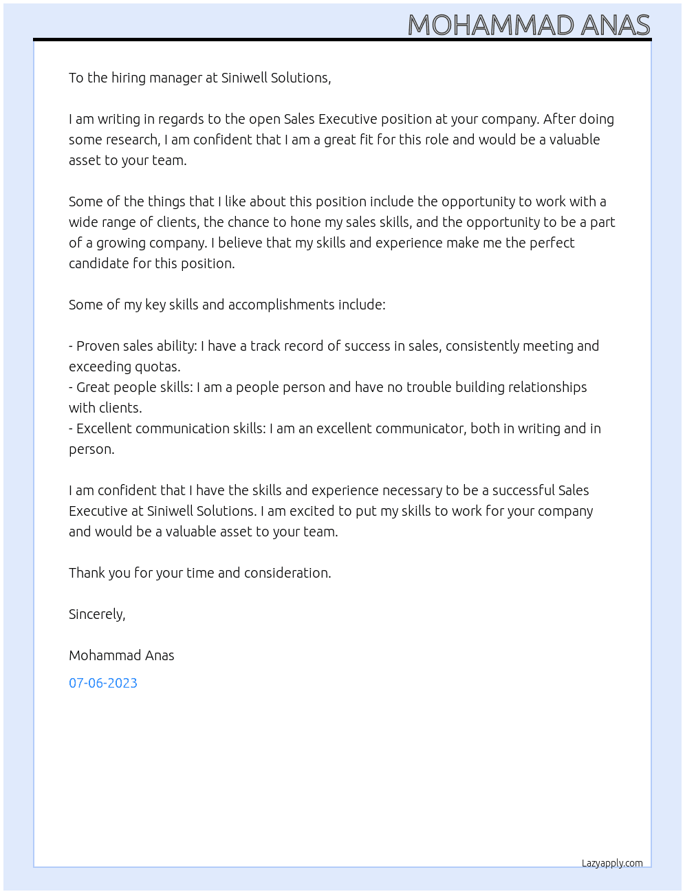Sales Executive At Siniwell Solutions Cover Letter