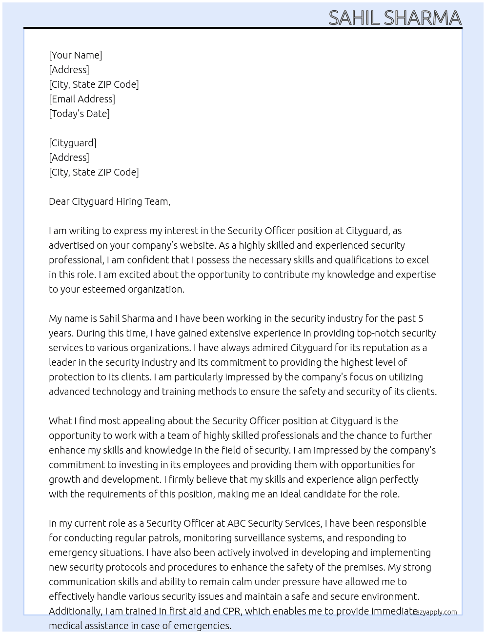 Security Officer At cityguard Cover Letter