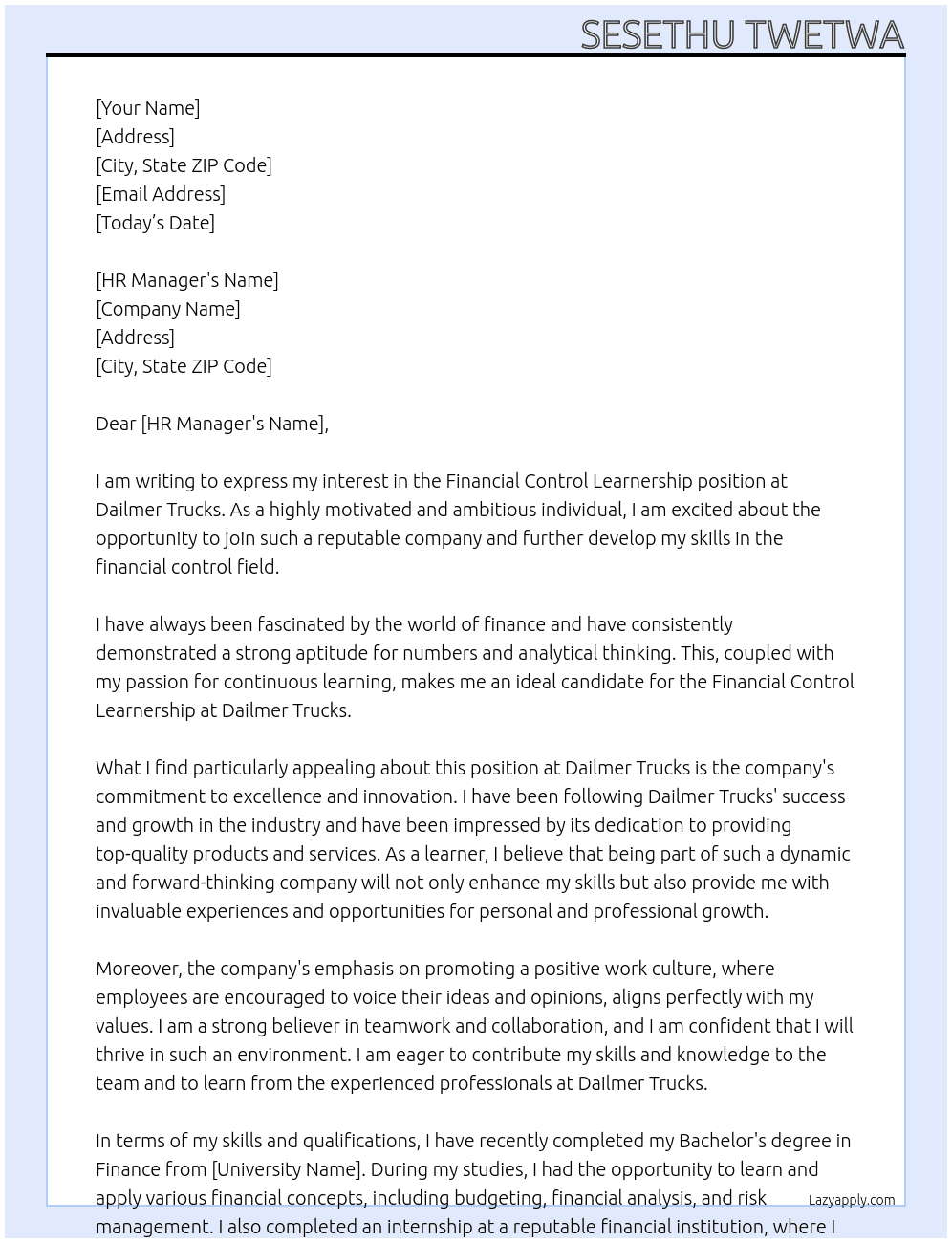 Financial control learnership  At Dailmer Trucks  Cover Letter