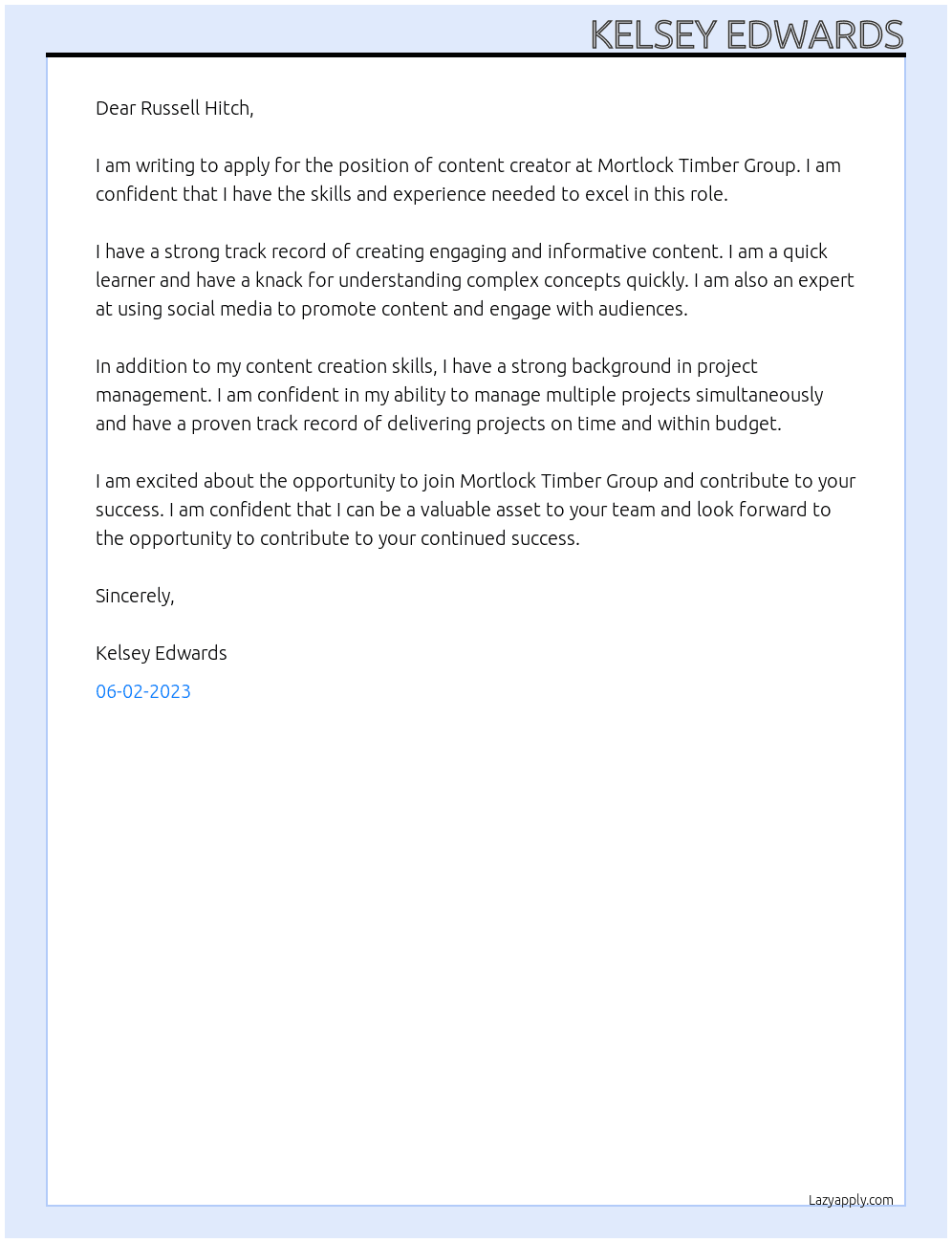 content creator At Mortlock Timber Group Cover Letter