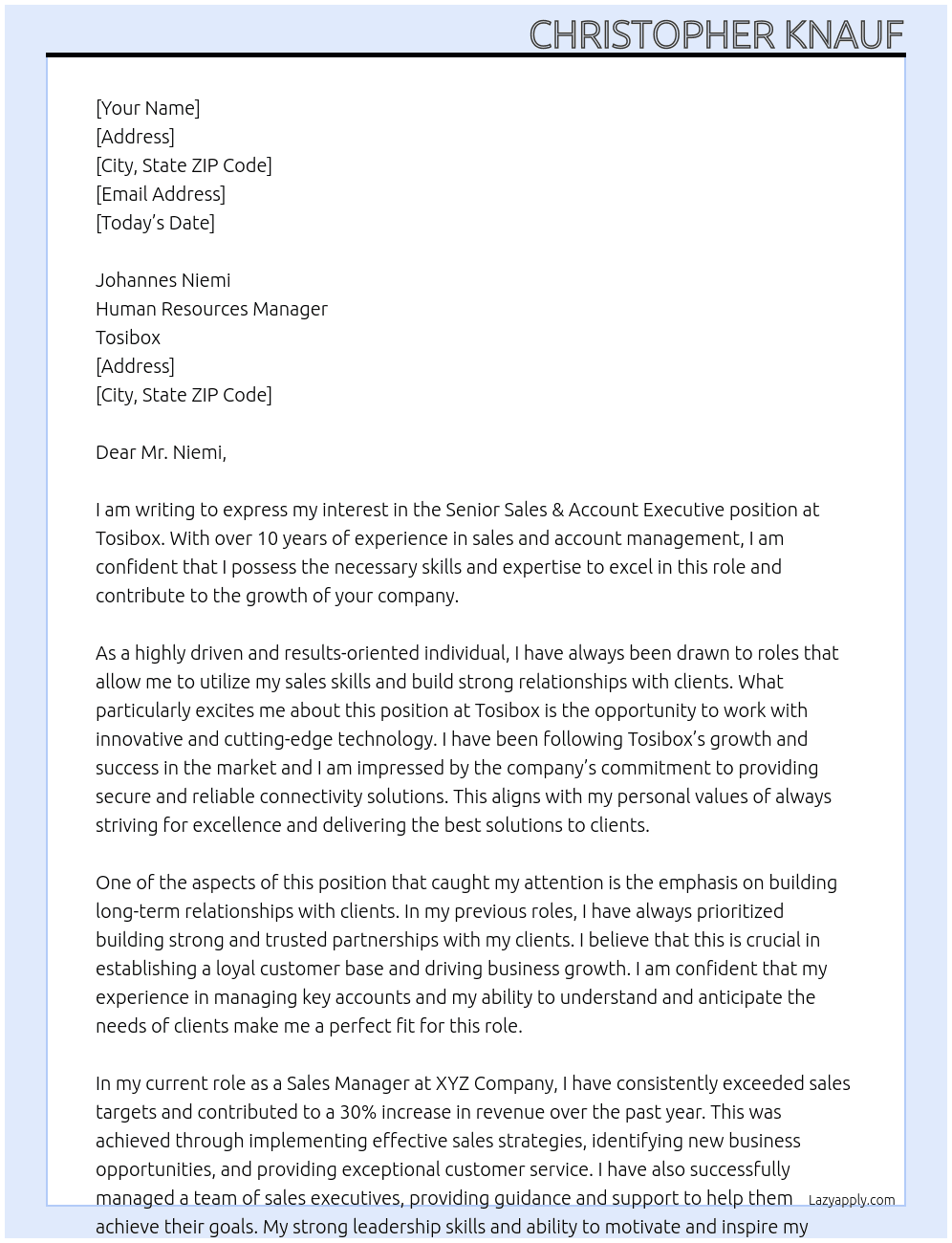 Senior Sales & Account Executive At tosibox Cover Letter