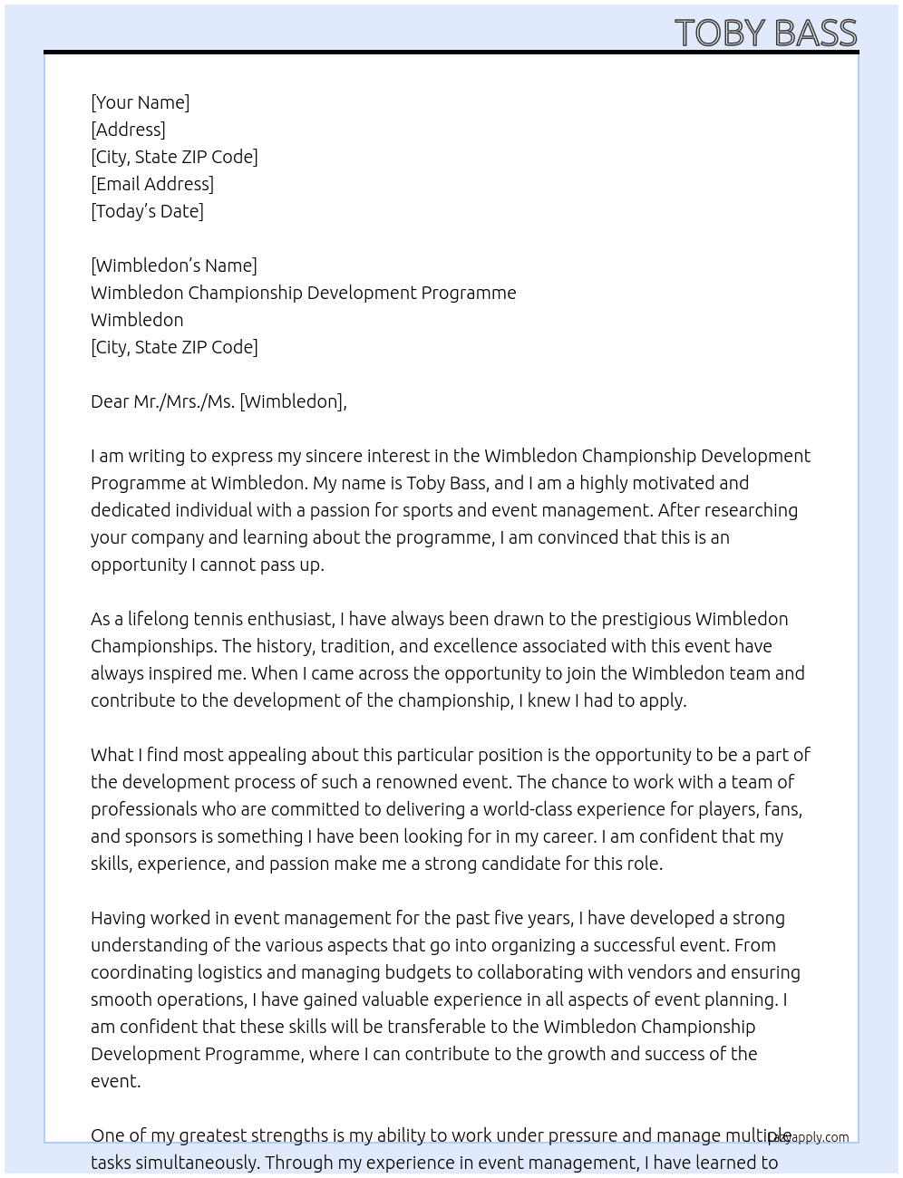 Wimbledon championship development programme At Wmbledon  Cover Letter