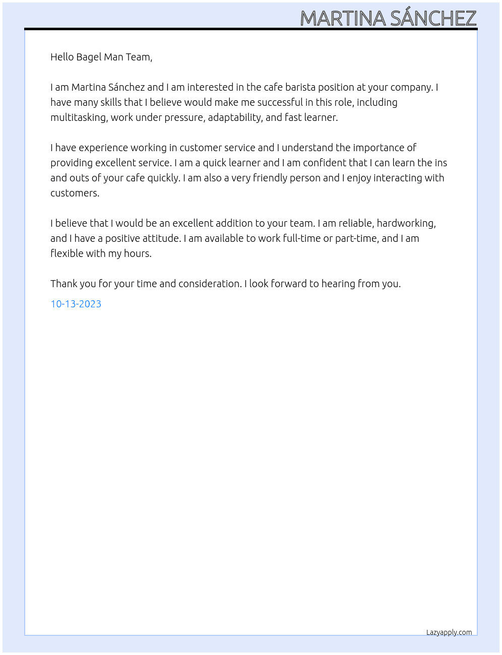 Cafe barista At Bagel Man Cover Letter