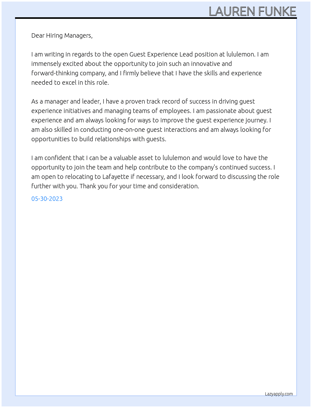 Guest Experience Lead  At lululemon Cover Letter