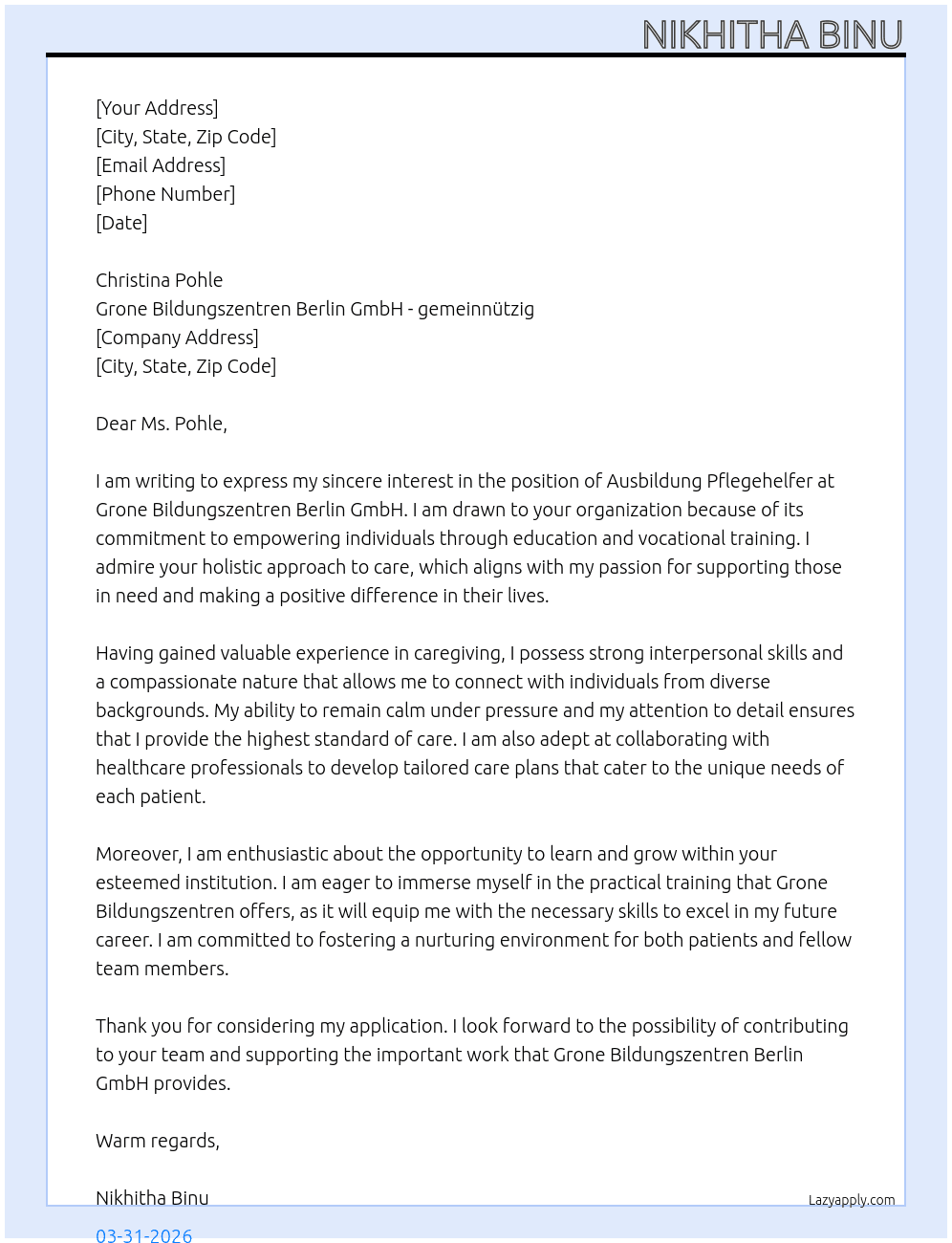 Ausbildung Pflegehelfer  At Grone Bildungszentren Berlin GmbH - gemeinnützig Cover Letter