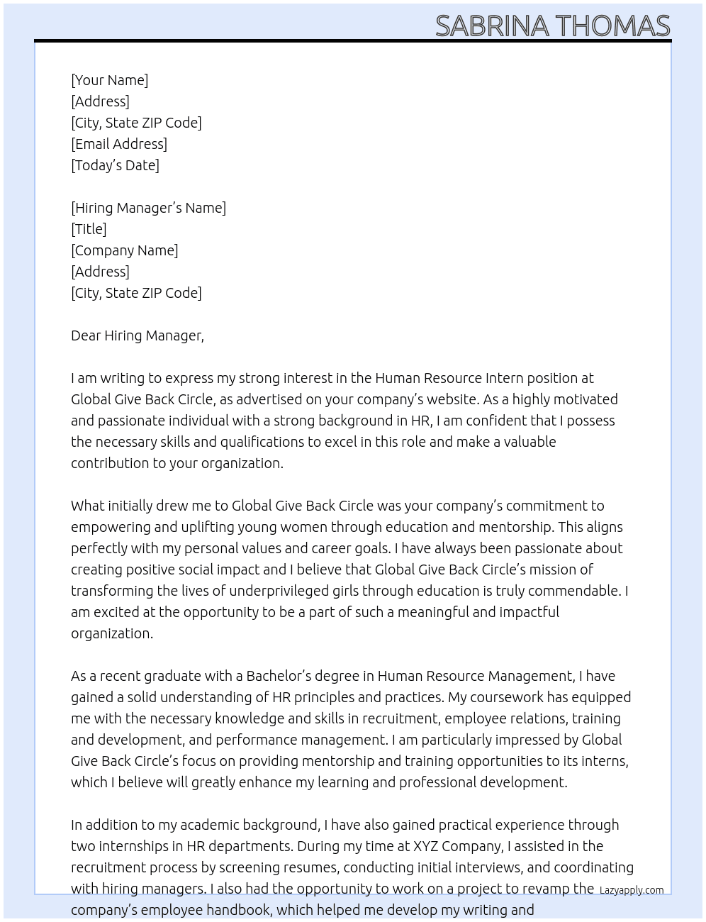 Human Resource Intern  At Global Give Back Circle  Cover Letter