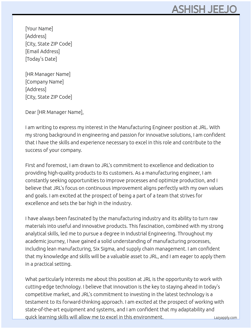 Manufacturing engineer At JRL Cover Letter