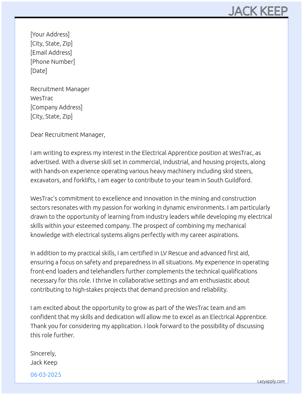 Cover letter for electrical apprentice - LazyApply