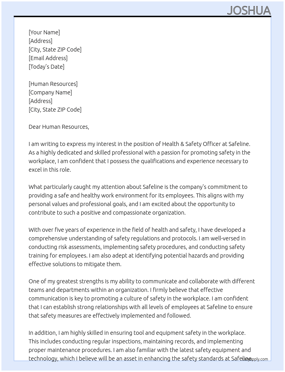 Health & Safety Officer At Safeline Cover Letter