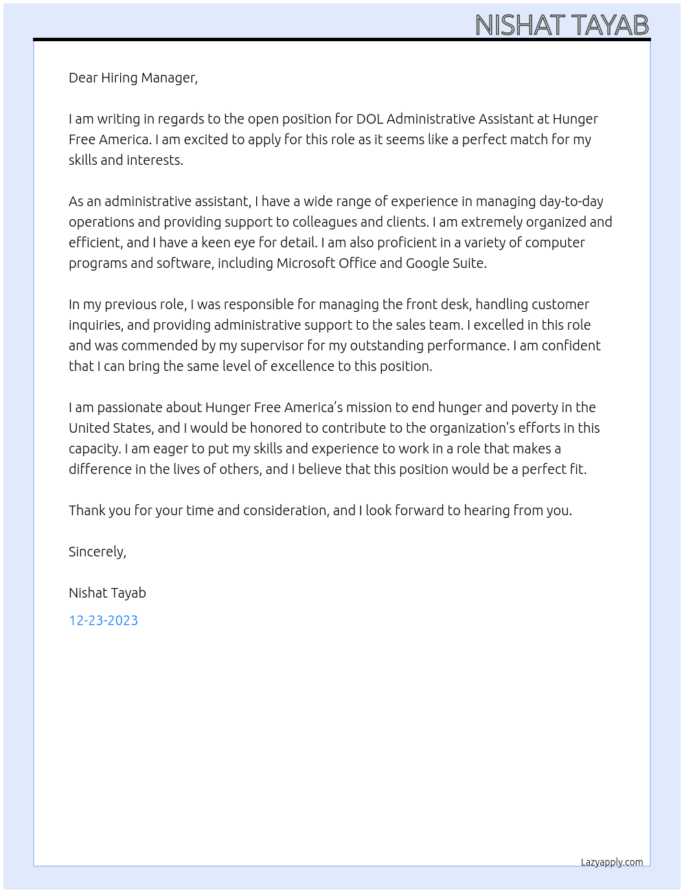 DOL Administrative Assistant At Hunger Free America Cover Letter