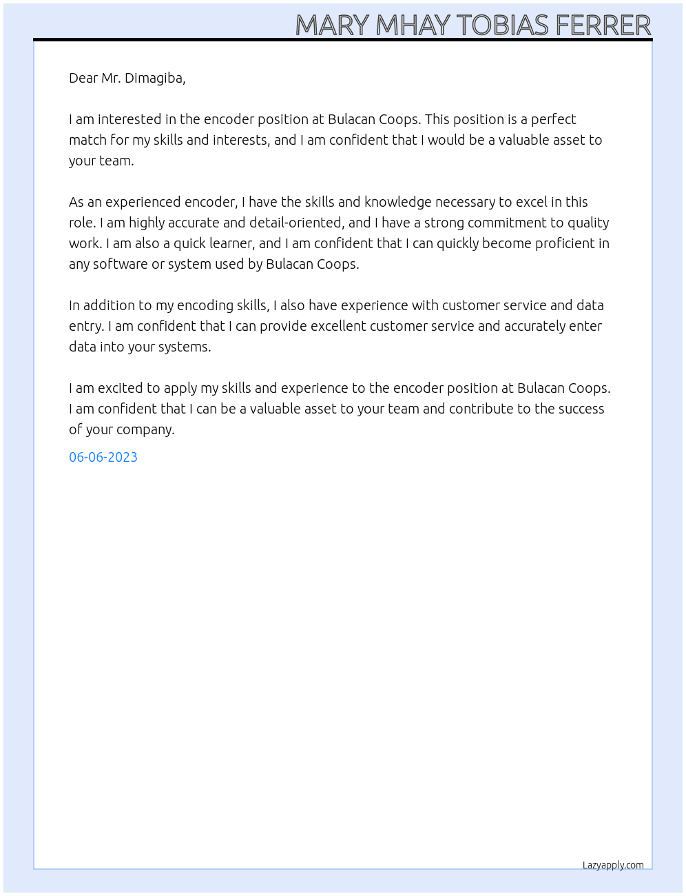 encoder At Bulacan Coops. Cover Letter