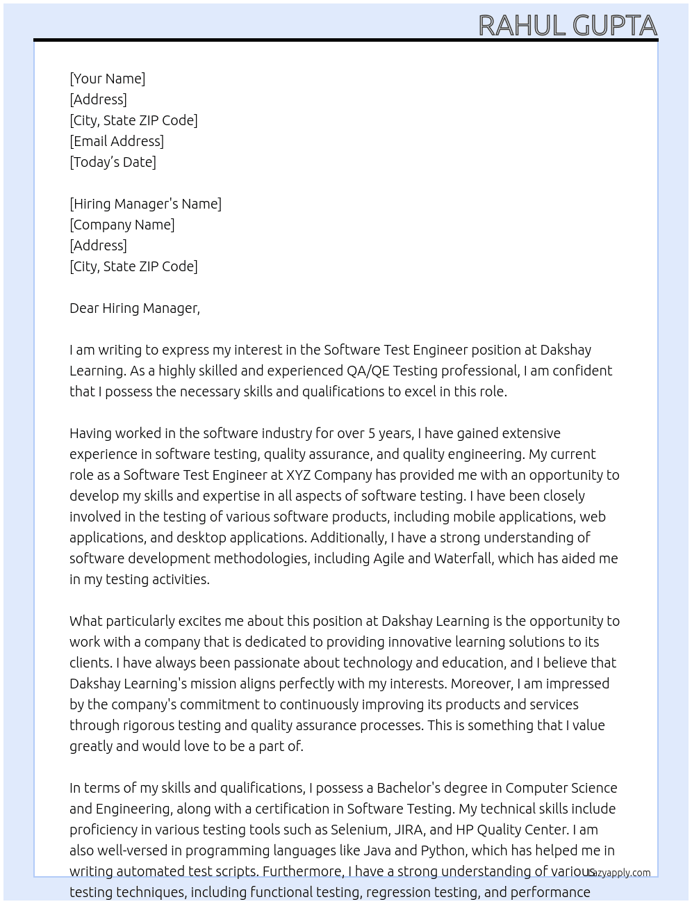 Software Test Engineer- QA / QE Testing At Dakshay Learning  Cover Letter