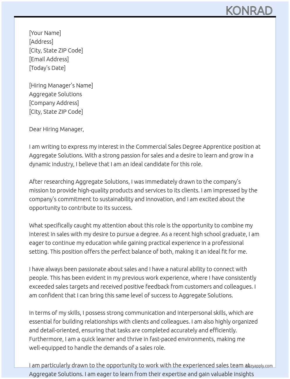 Commercial sales degree apprentice  At Aggregate solutions  Cover Letter