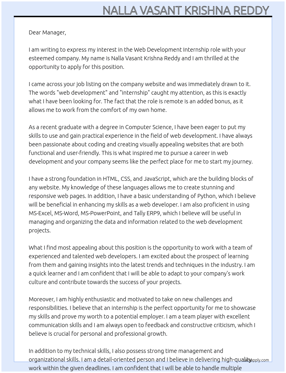 Web Development  At Internship  Cover Letter