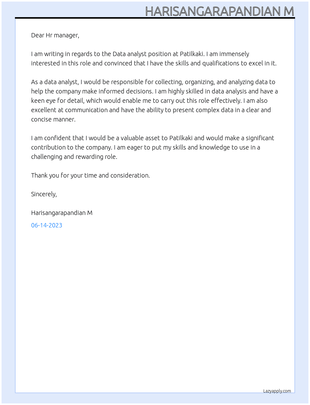 Data analyst At Patilkaki Cover Letter