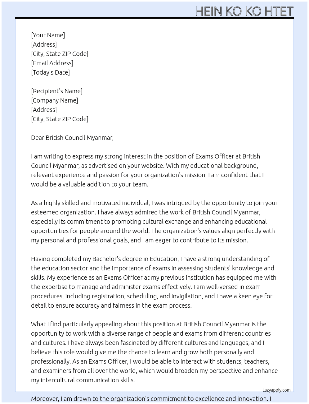 exams officer At British Council Myanmar Cover Letter