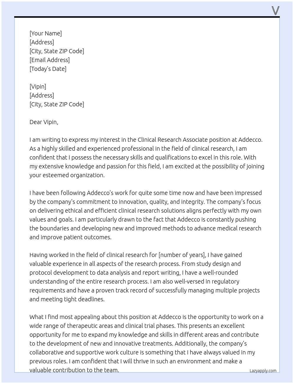 Clinical resarch Associate At Addecco Cover Letter