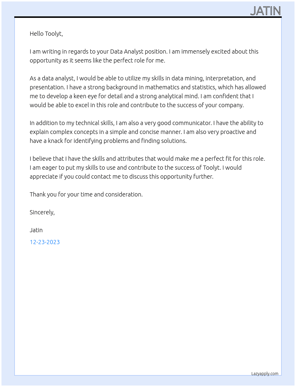 Data anlyst At Toolyt Cover Letter