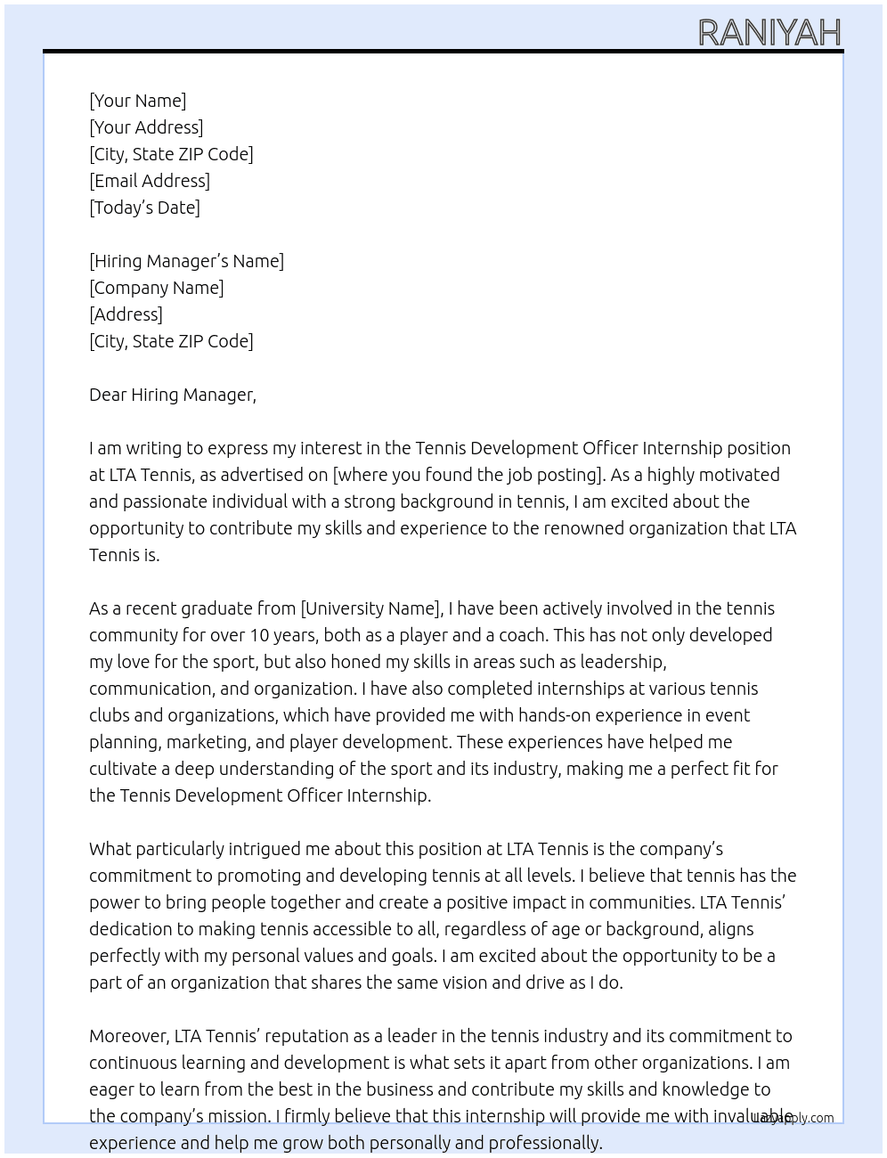 Tennis development officer internship At Lta tennis Cover Letter