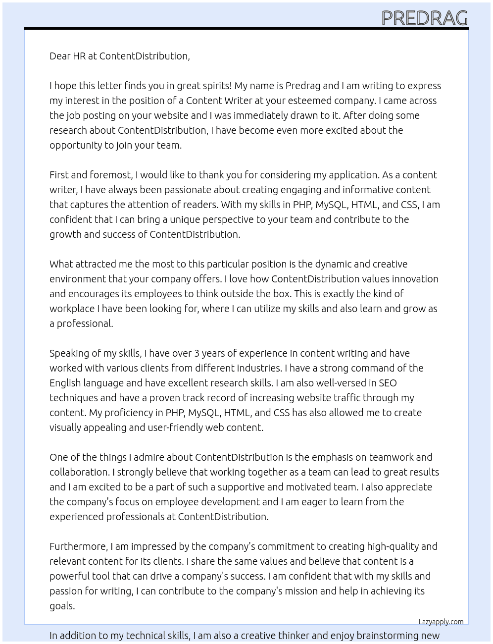 content writer At ContentDistribution Cover Letter