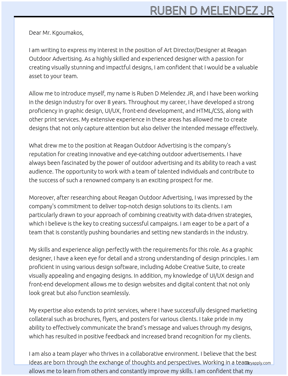 Art Director/Designer At Reagan Outdoor Advertising Cover Letter